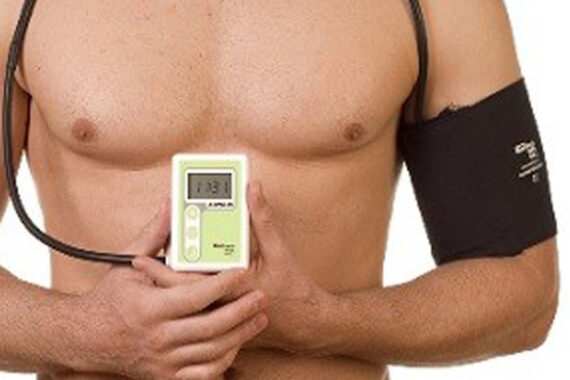 Front view male figure torso with holter monitor and ekg/heart rhythm inset; SOURCE: body3D.psd; cardio_holter-monitor_proc_1_layers.psd